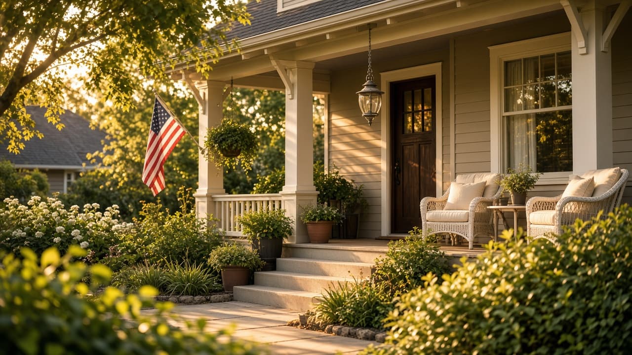 Warm evening light on a welcoming front porch — home worth protecting